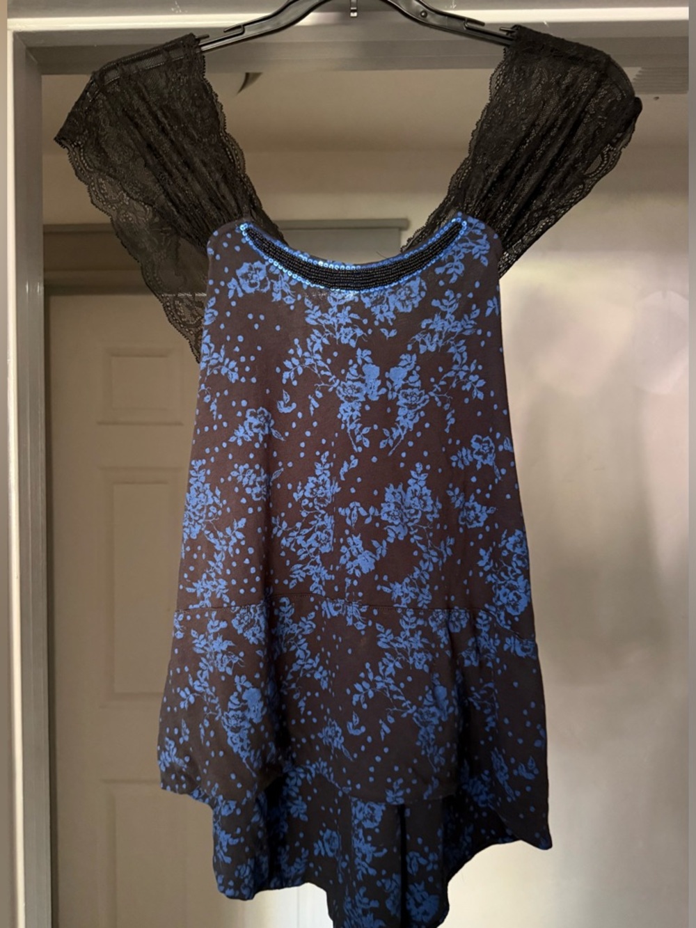 Vintage Free People Black and Royal Blue Floral Beaded Tank